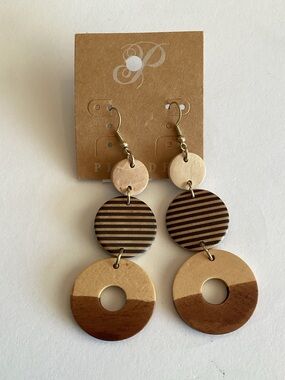 Plunder Beige & Brown Layered Wood Drop Earrings